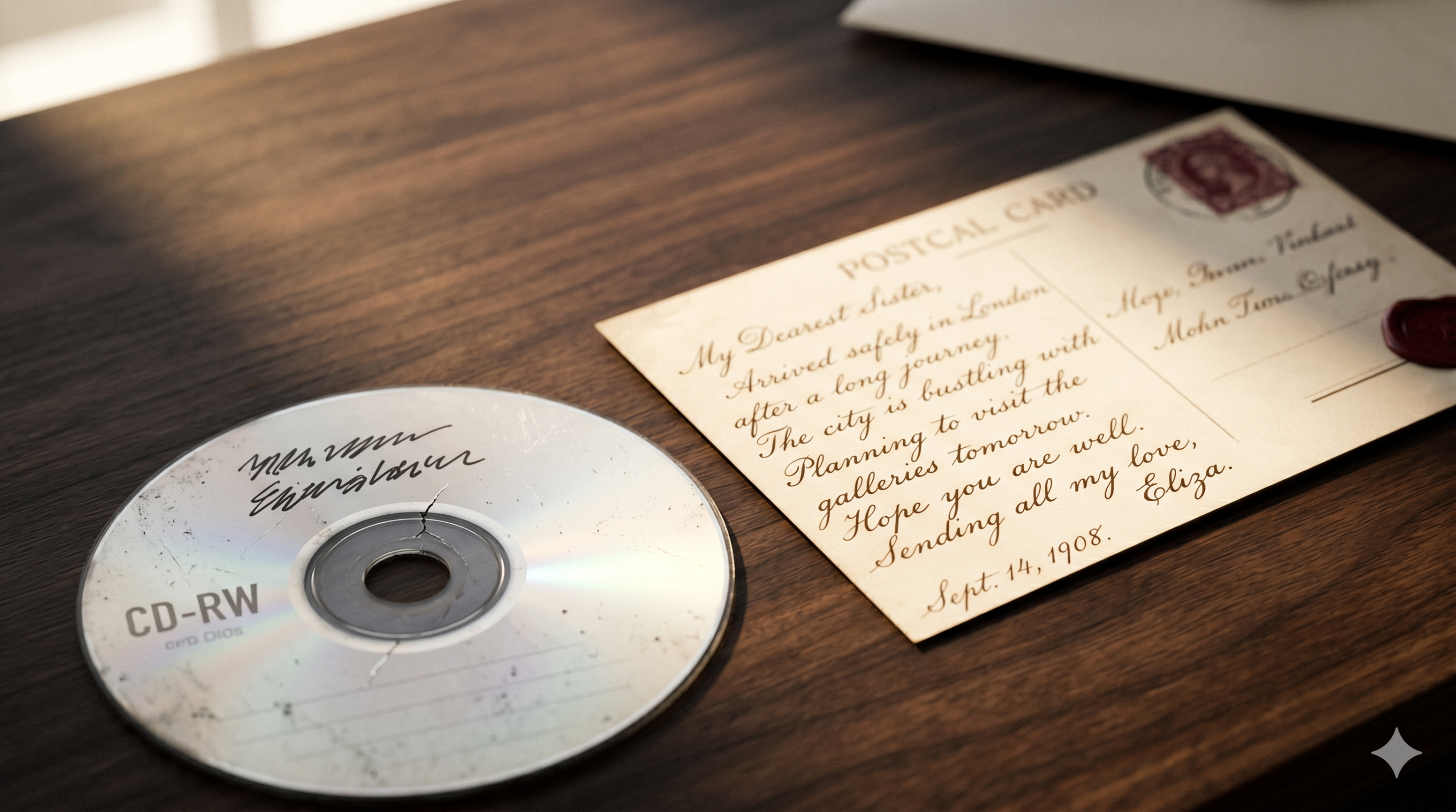 Cartolina del 1908 ancora leggibile accanto a un CD del 2007 illeggibile, simbolo della durata della stampa rispetto al digitale