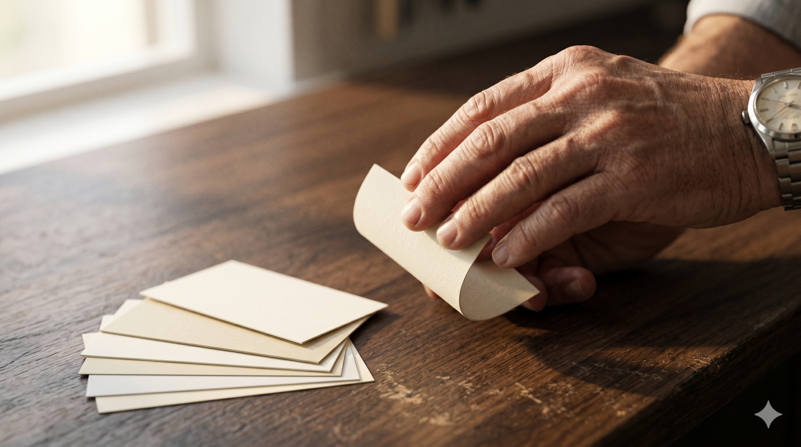 Mani di artigiano che soppesano un biglietto da visita di carta pregiata - la grammatura si percepisce al tatto