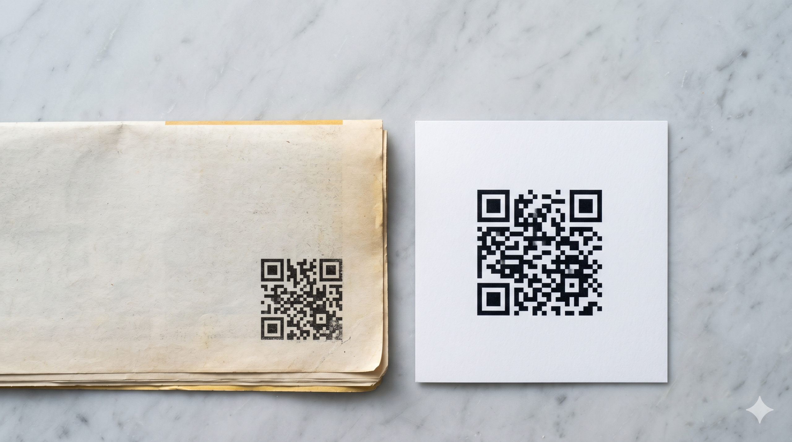 Confronto tra QR code stampato su rivista vintage e QR moderno su menu da ristorante - evoluzione del QR nel marketing