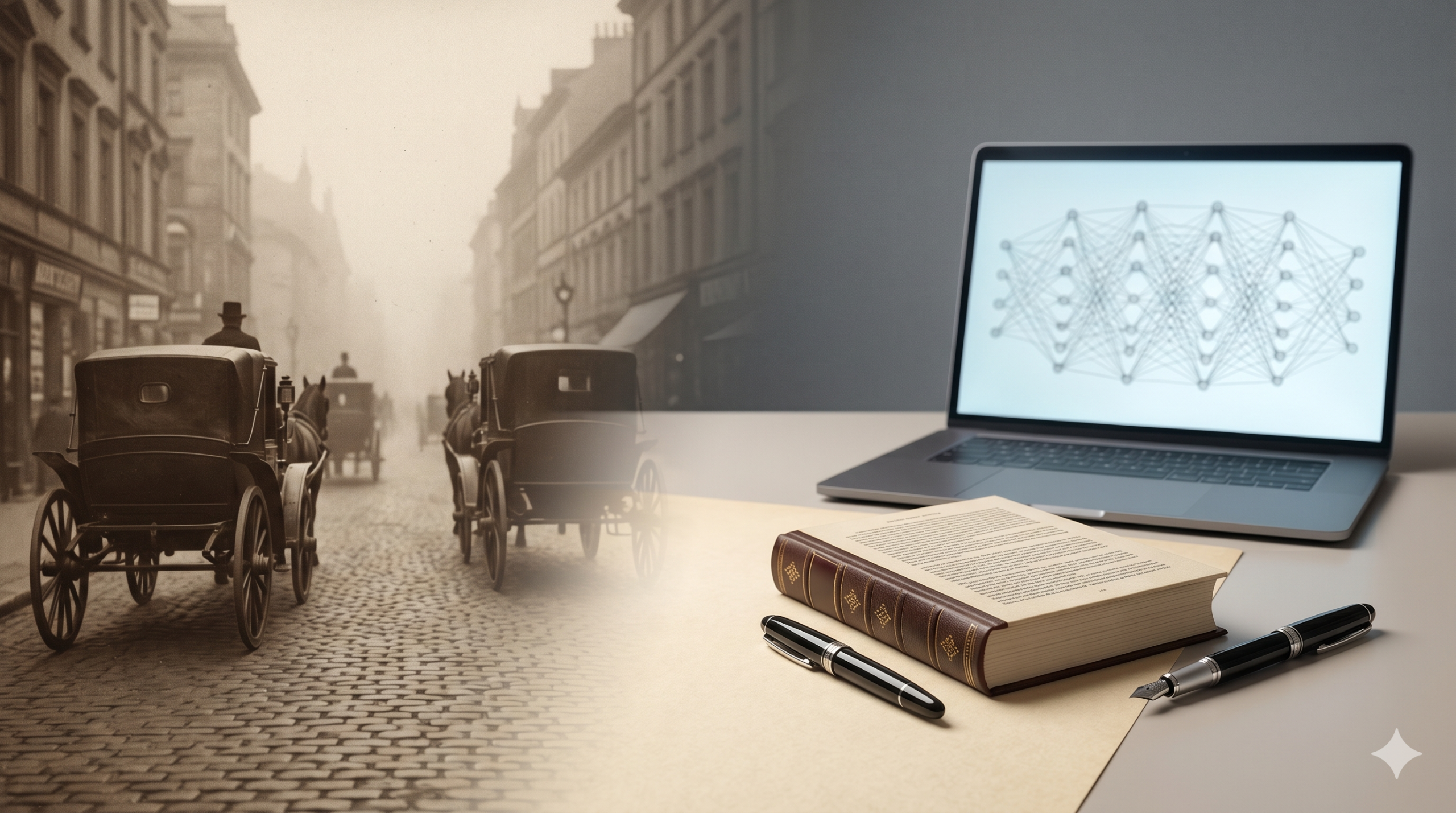 Composizione editoriale che accosta una scena ottocentesca di carrozze a cavalli e un laptop moderno con AI - paura delle nuove tecnologie