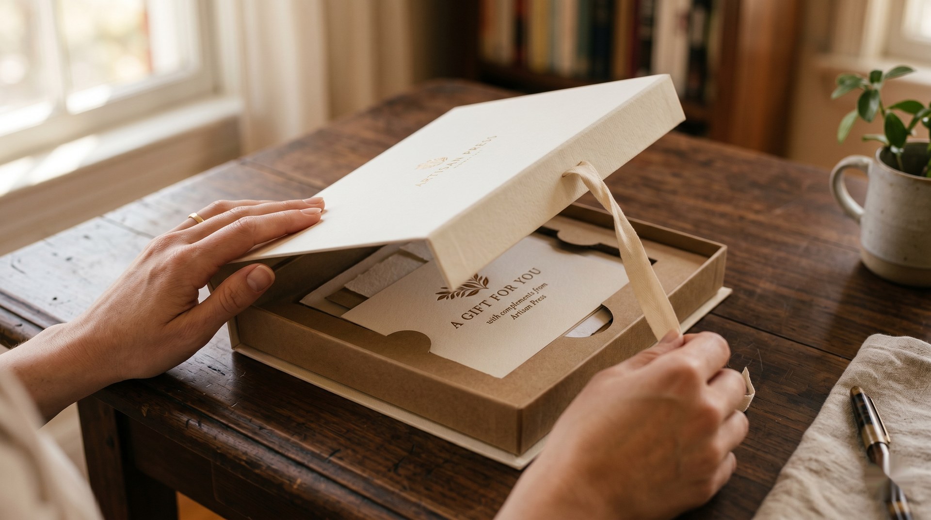 Mani che aprono una scatola regalo premium con fustella e cartoncino stampato su tavolo in legno