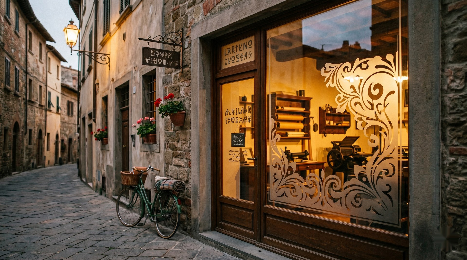 Vetrina di negozio con vetrofania decorativa in un vicolo italiano al tramonto