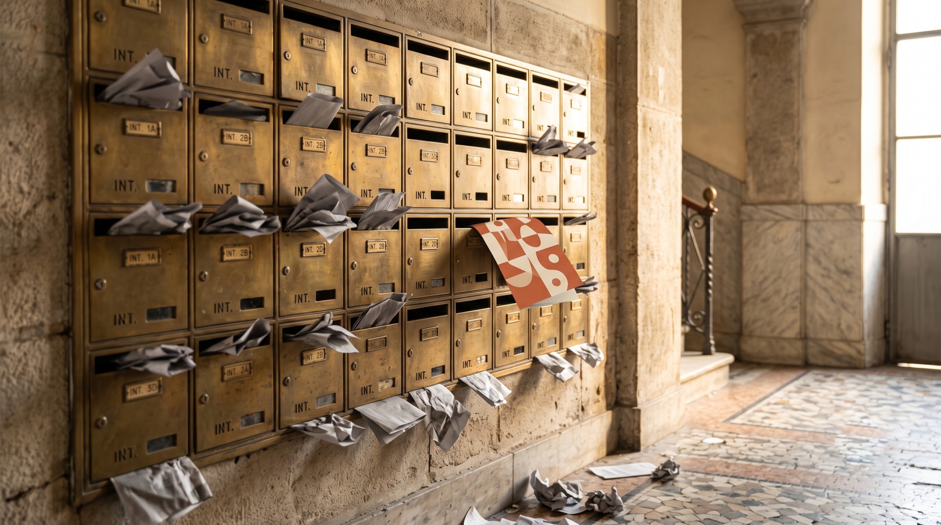 Cassette postali piene di volantini grigi accartocciati e un volantino colorato ben stampato che spicca