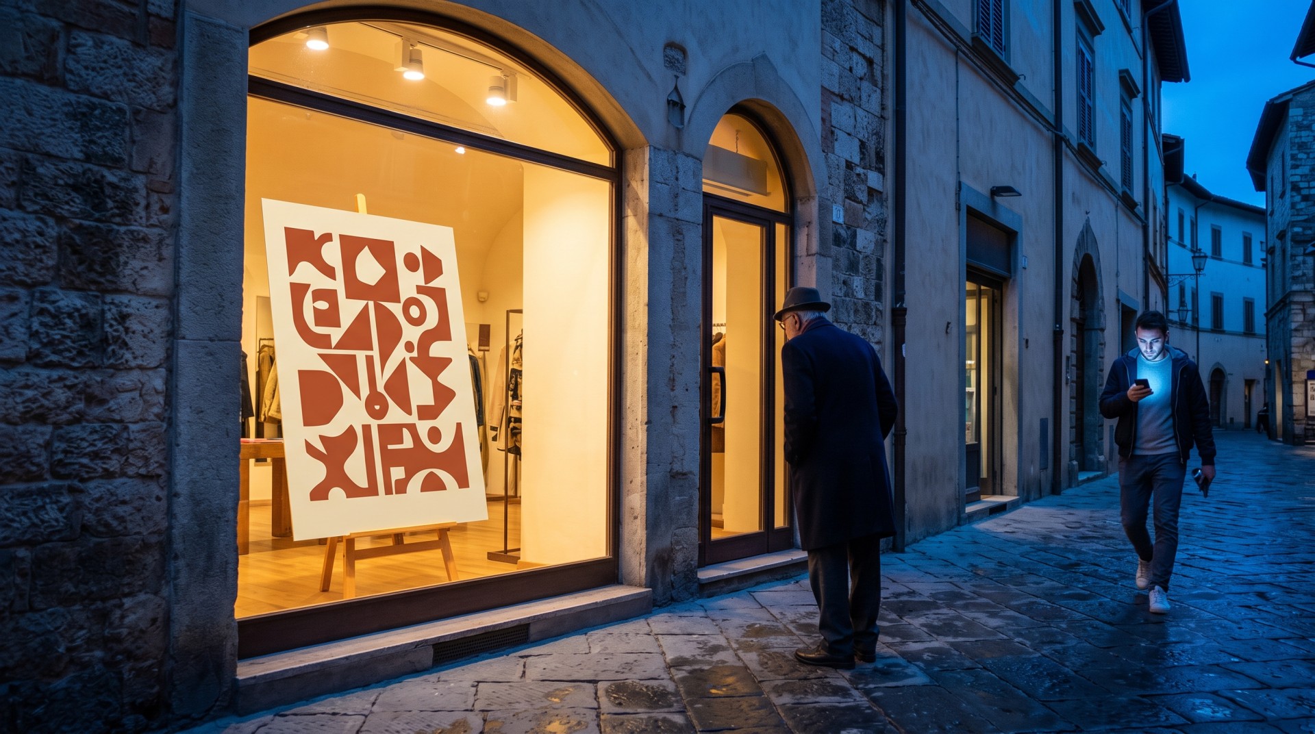 Vetrina illuminata di sera con cartello stampato che attira un passante, mentre un altro guarda lo smartphone
