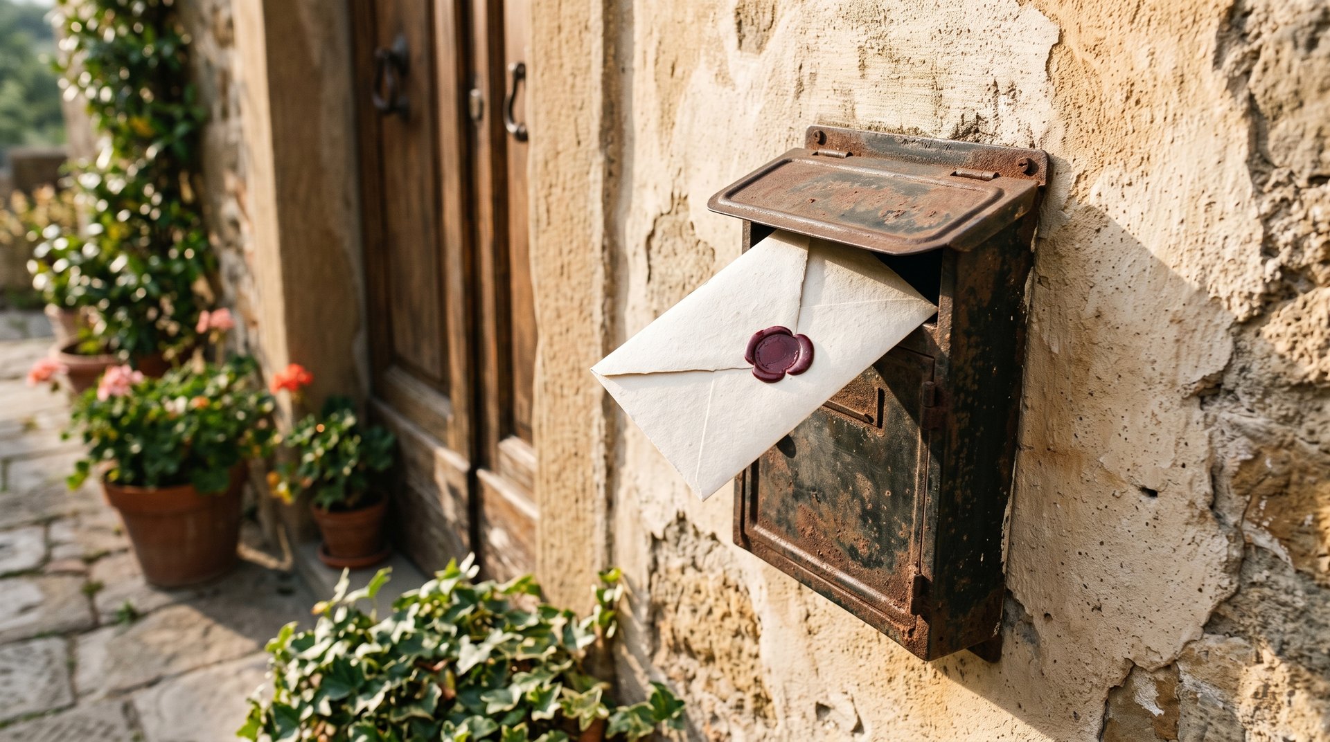 Vecchia cassetta delle lettere di latta su un muro intonacato, con una busta color crema chiusa da un sigillo di ceralacca, nella luce calda del mattino