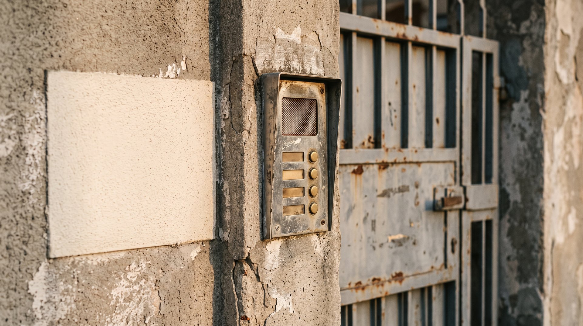 Ingresso anonimo con un vecchio citofono a pulsanti senza nomi, un cancello grigio e uno spazio vuoto dove manca l'insegna