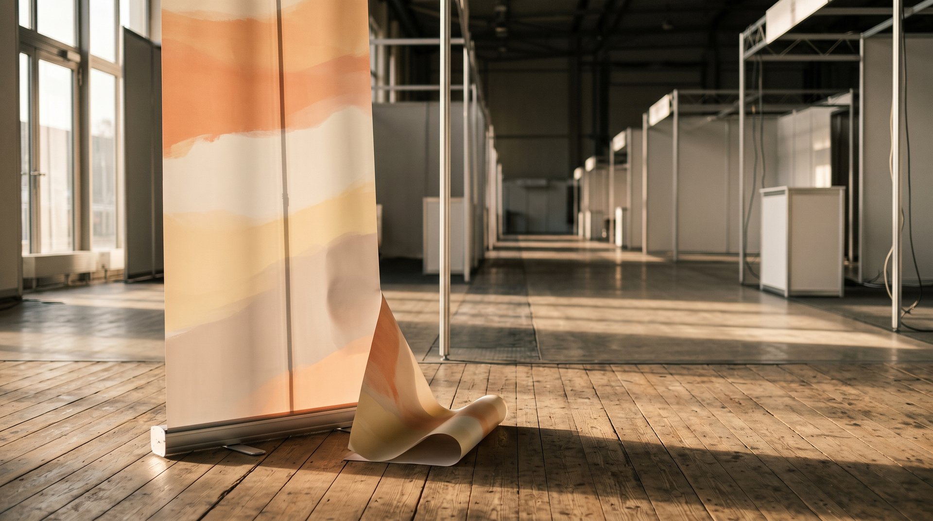 Roll-up con l'angolo arricciato nel corridoio vuoto di un padiglione fieristico, in luce calda radente