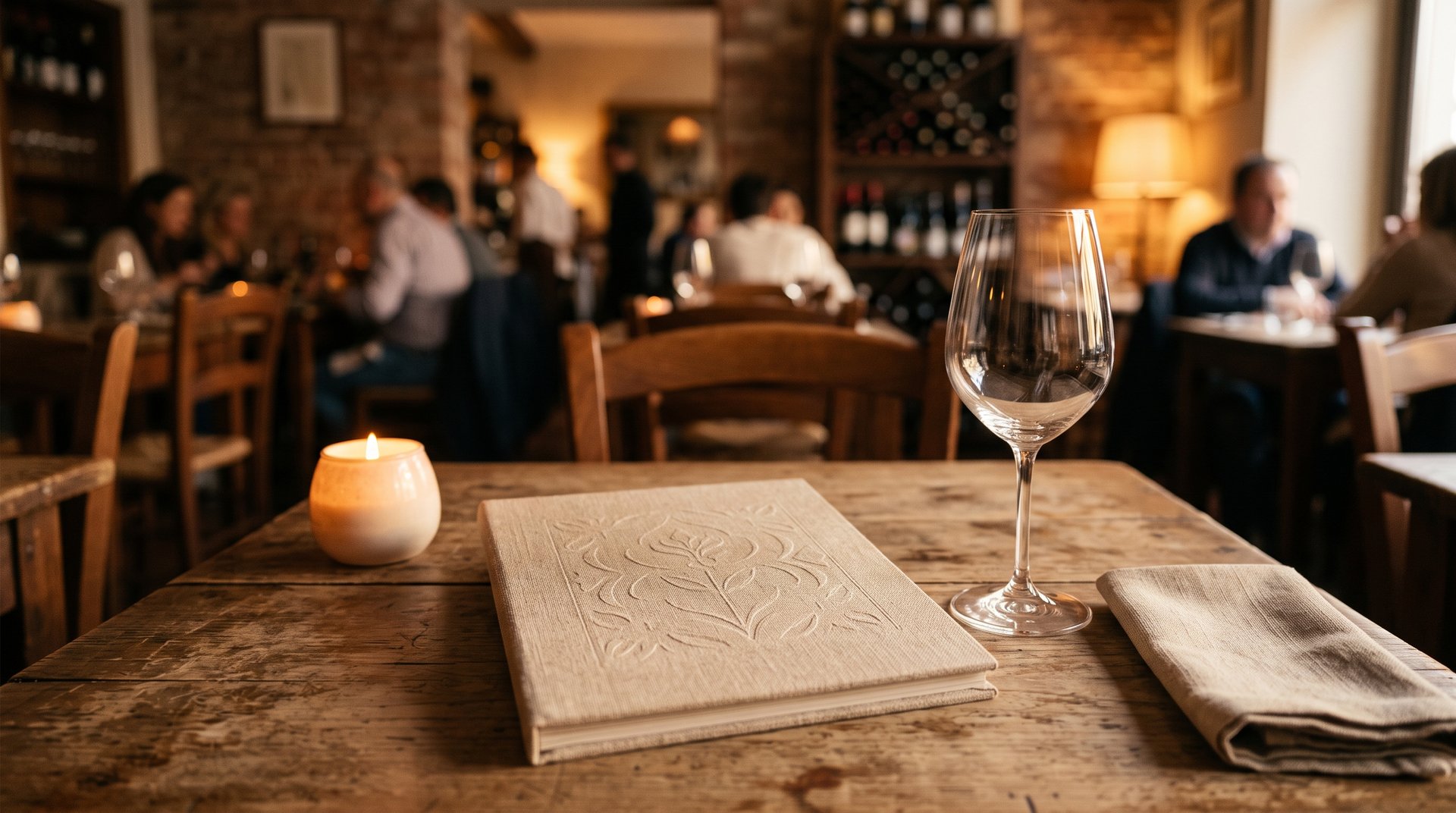 Menù chiuso con copertina in lino goffrato su un tavolo di trattoria, accanto a un calice, una candela e un tovagliolo
