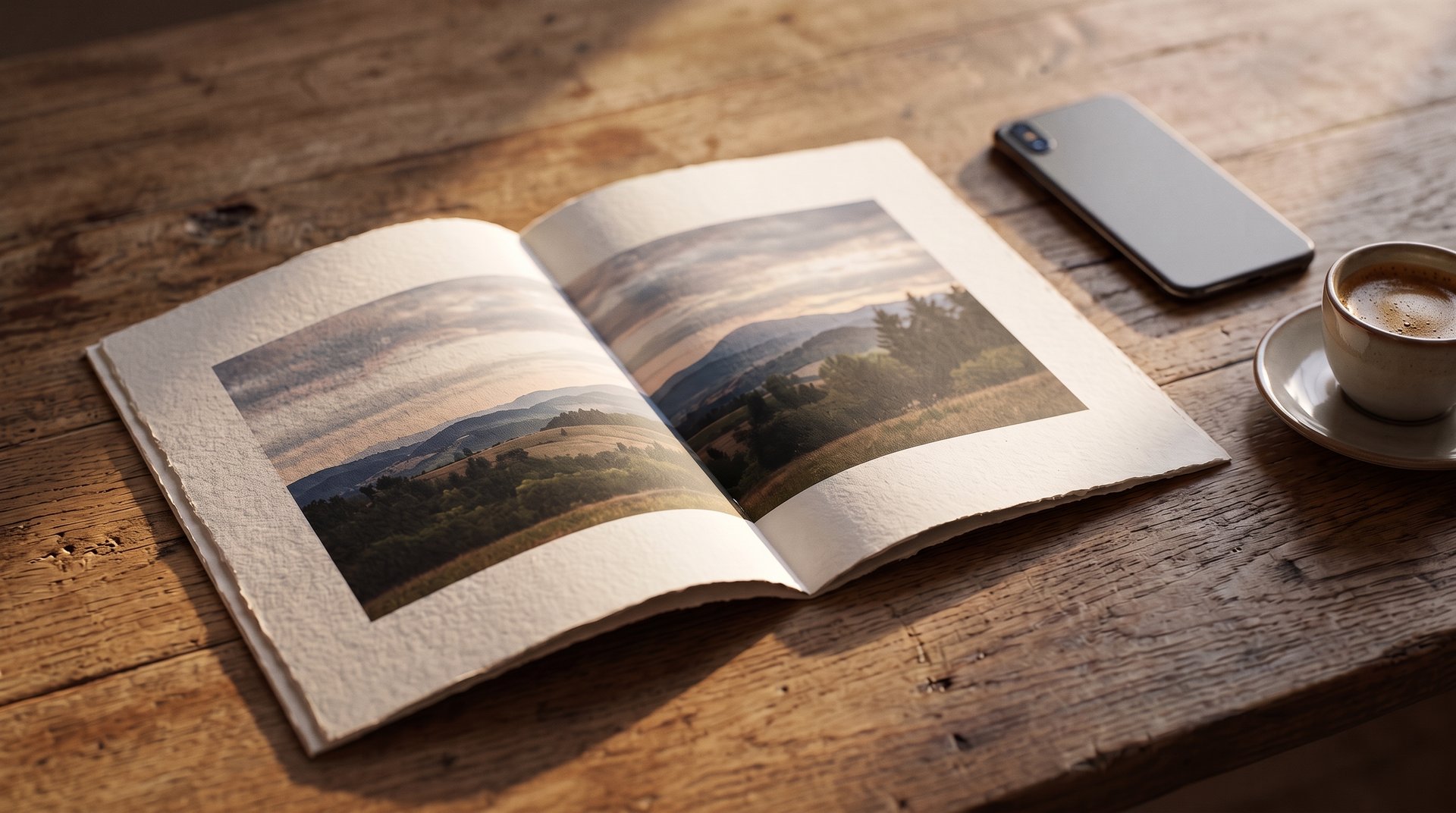 Brochure stampata aperta nella luce del sole su un tavolo di legno, con uno smartphone rovesciato in ombra e una tazzina di caffè