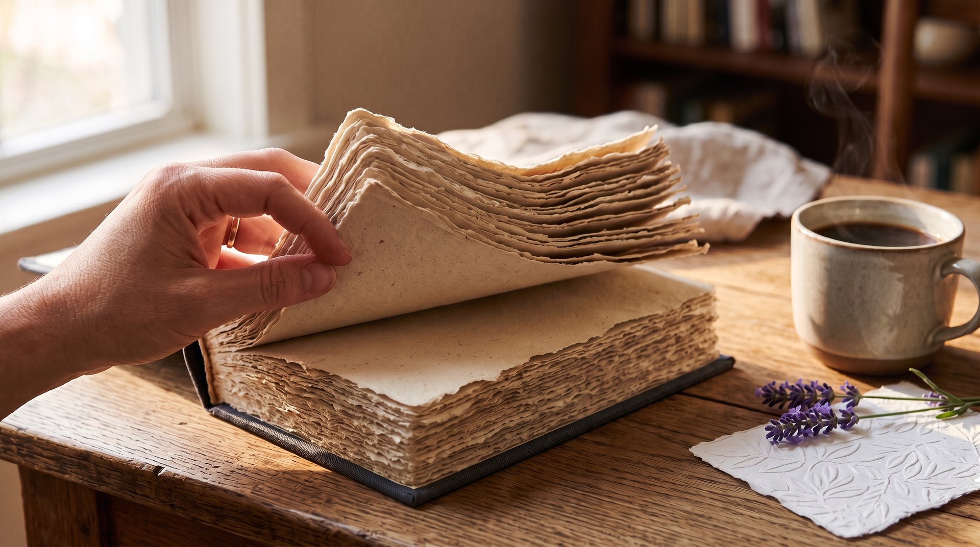 Una mano sfoglia un libro di carta a mano dai bordi sfrangiati, accanto a un rametto di lavanda, un cartoncino goffrato e una tazza di caffè