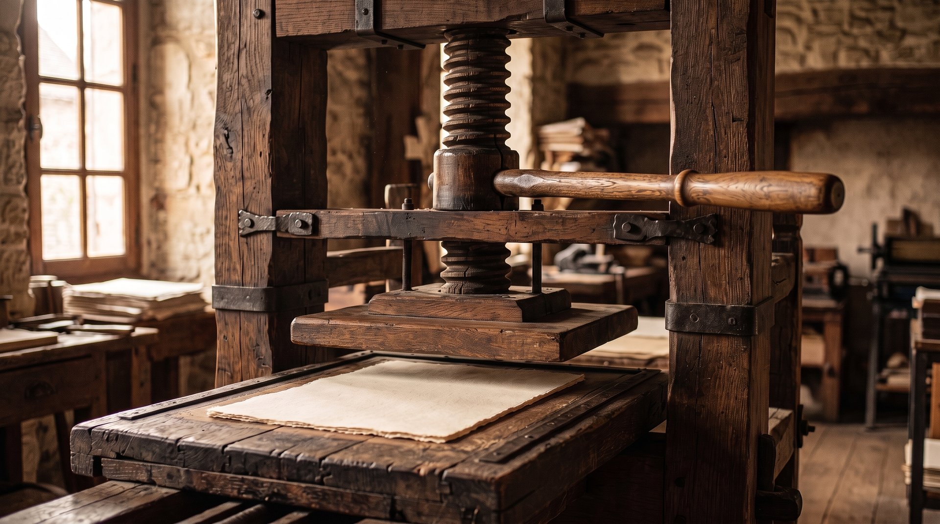 Antico torchio da stampa in legno in una bottega, con un foglio bianco sul piano, illuminato da luce calda laterale
