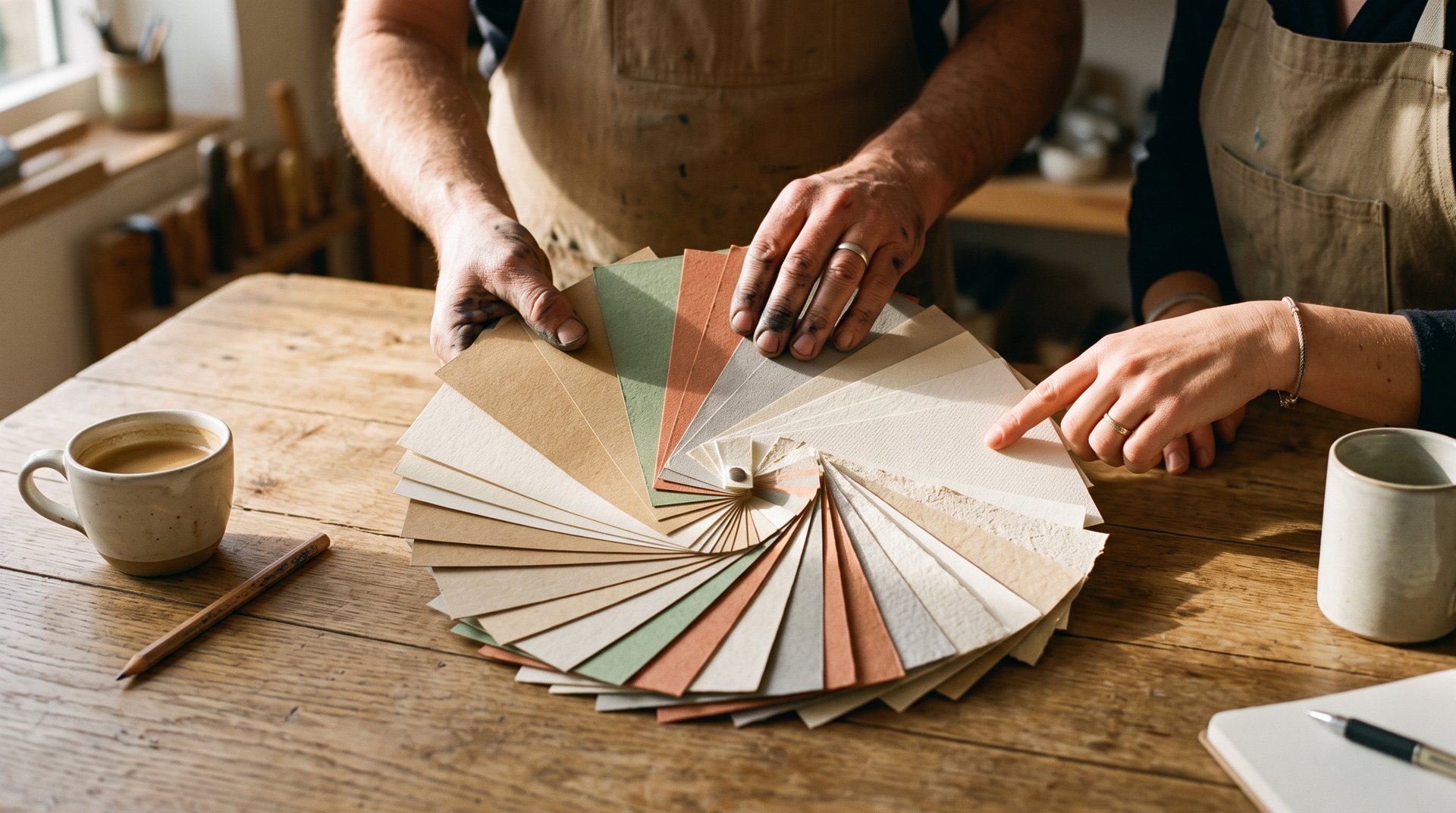 Le mani di un tipografo e di una cliente scelgono insieme tra un ventaglio di campioni di carta su un tavolo di legno