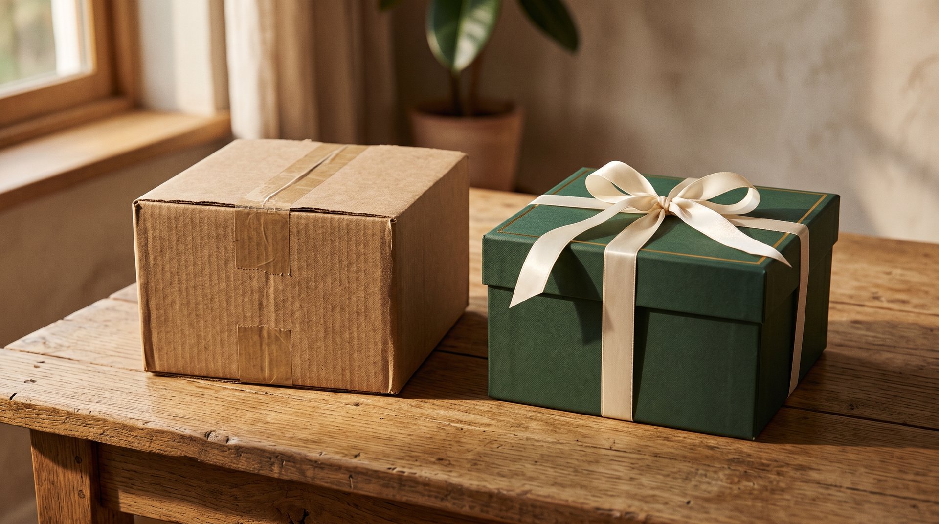 Una scatola di cartone anonima accanto a una scatola regalo verde con nastro color crema, su un tavolo di legno