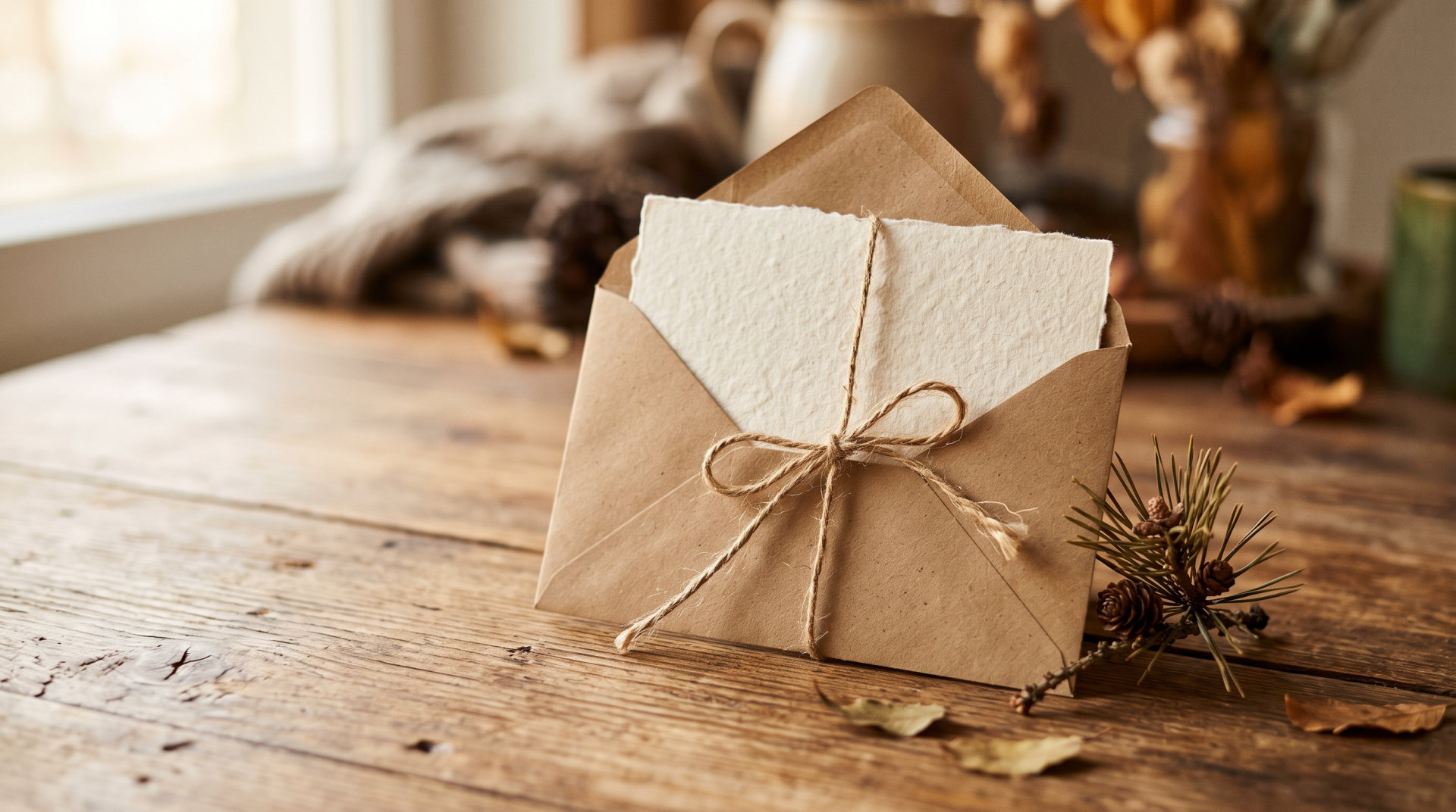 Una busta di carta kraft legata con lo spago, con un cartoncino bianco ruvido che spunta, appoggiata su un tavolo di legno vicino a un rametto di pino.