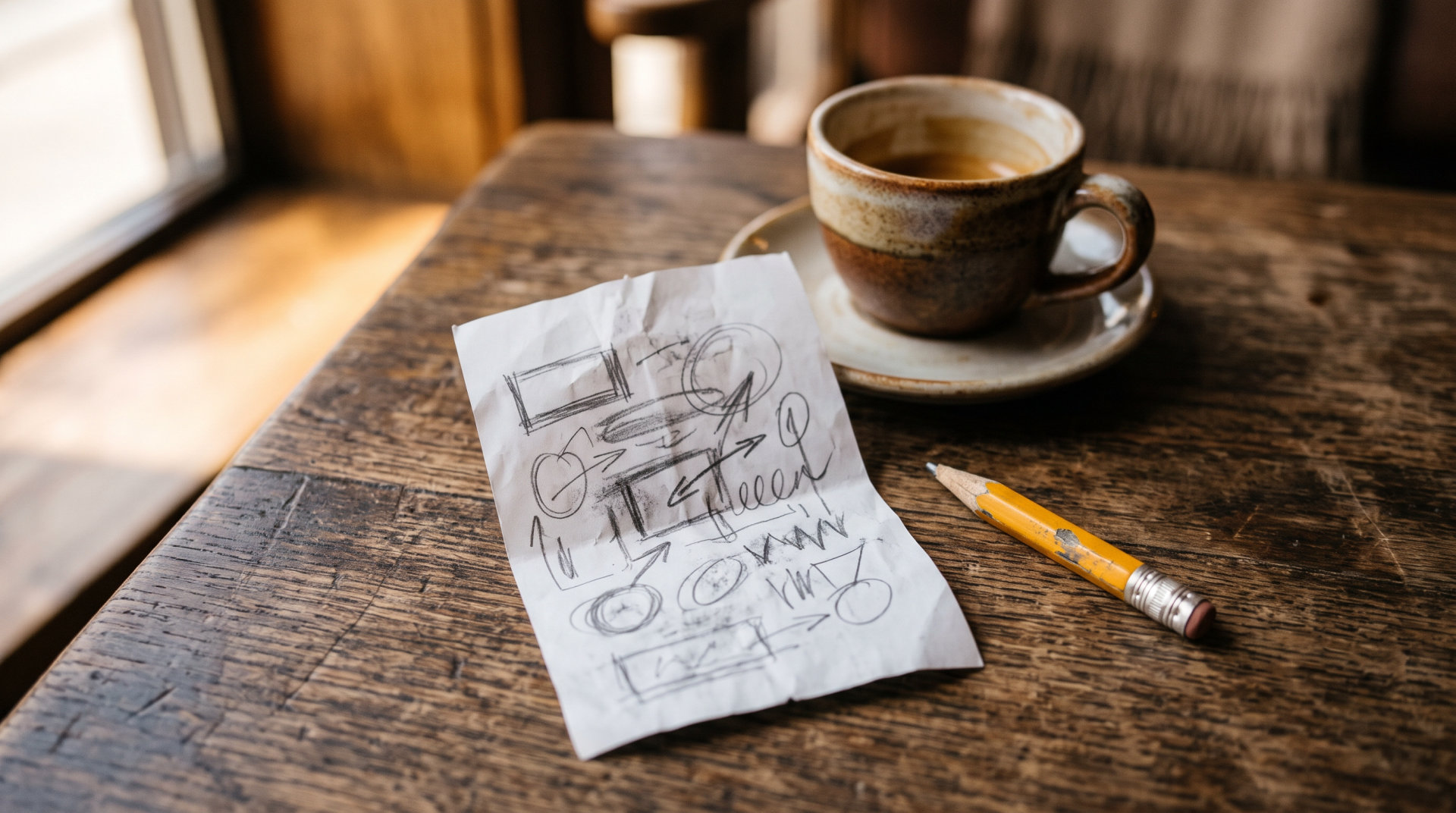Uno scontrino stropicciato coperto di schizzi a matita su un tavolo di legno, accanto a una matita gialla e a una tazzina di caffè.